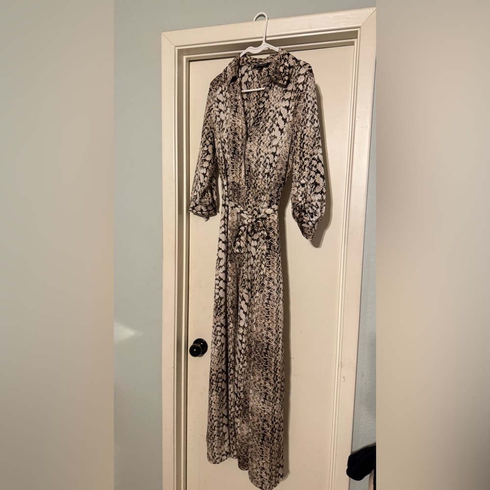 Brown V-Neck Wrap Dress with Bishop Sleeves